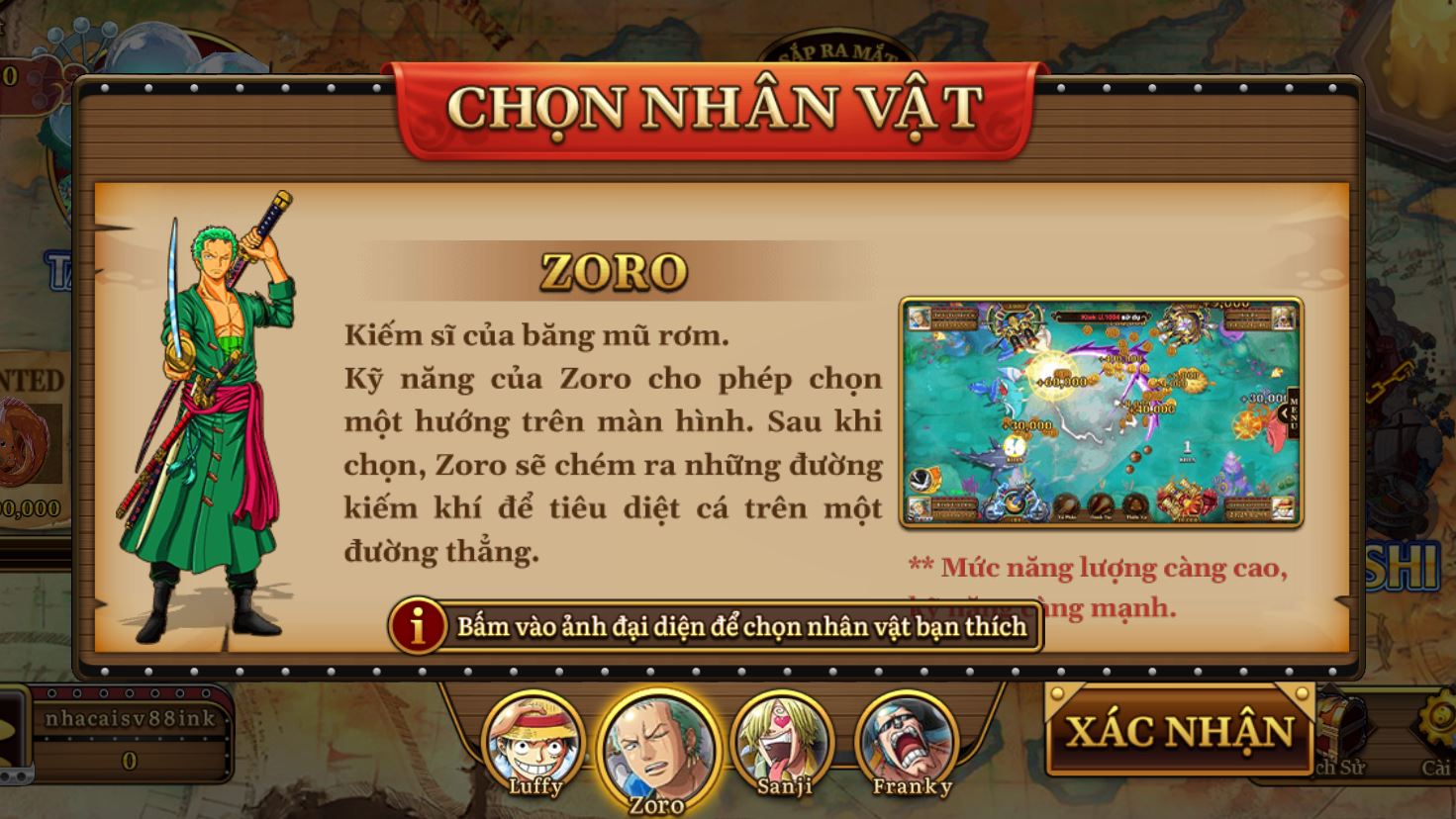 Lựa chọn nhân vật yêu thích trong game Đại hải trình