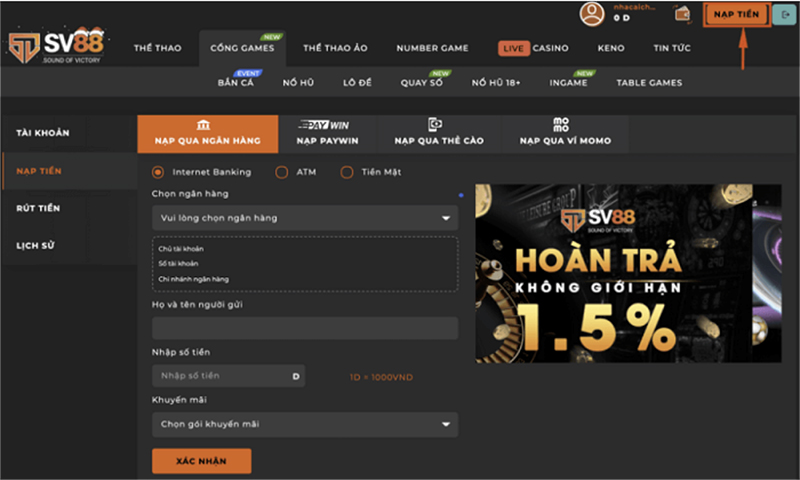 Nhà cái SV88 Club đang cung cấp những cách nạp tiền nào thông dụng?